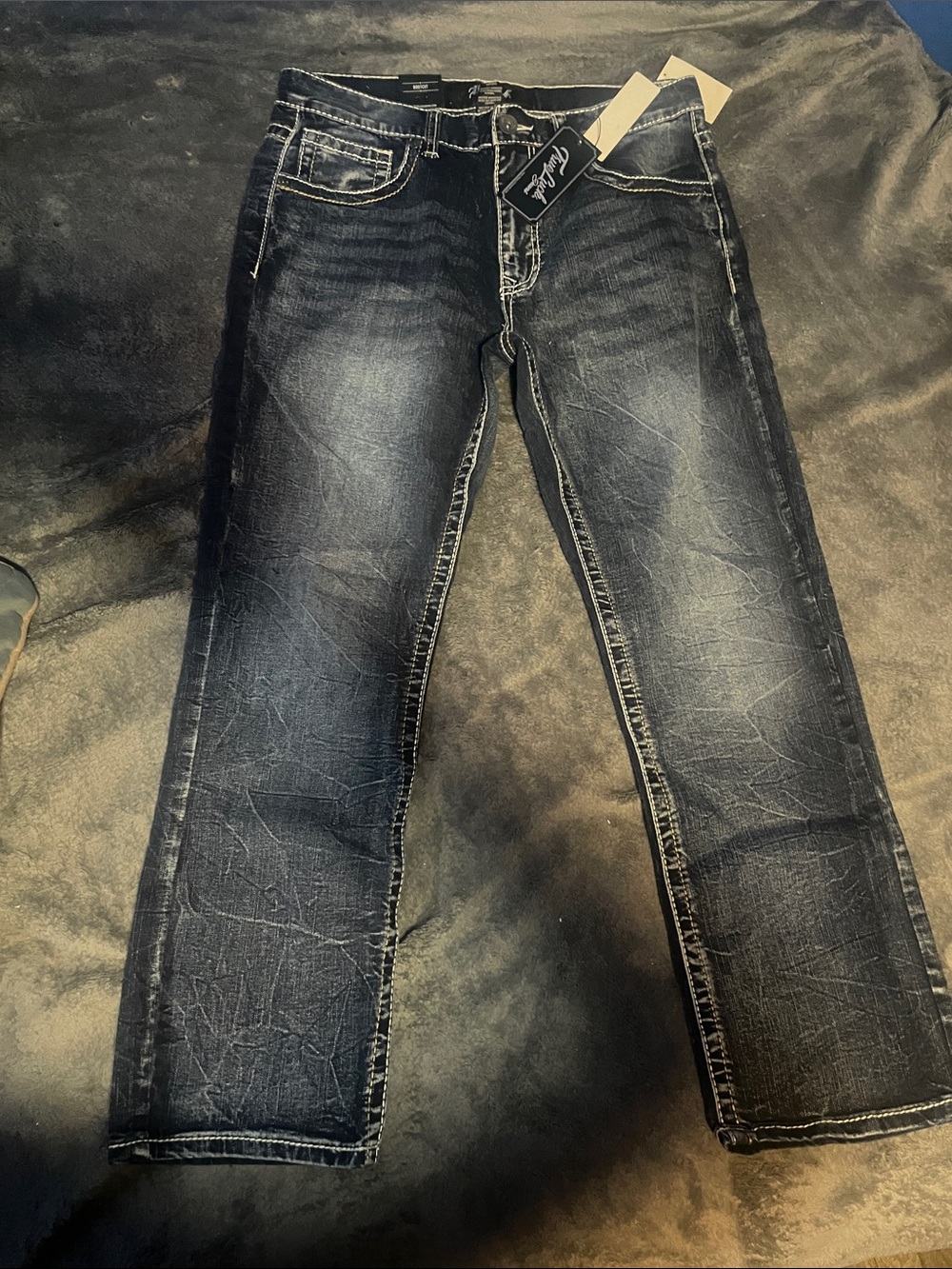 Men's Straight Fit Washed Dark Blue Jeans with Contrast Stitching Bootcut